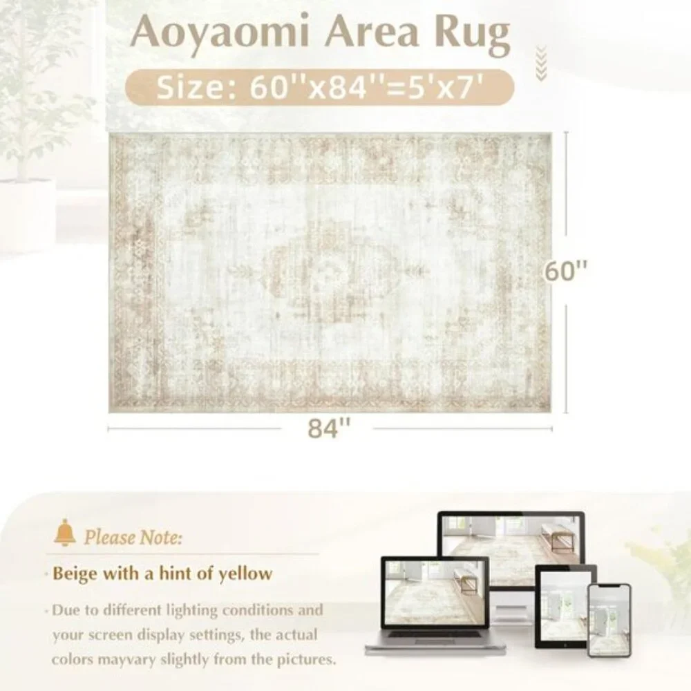 New 5x7 Beige Vintage Area Rug, Washable Boho Non-Slip Carpet for Living Room
